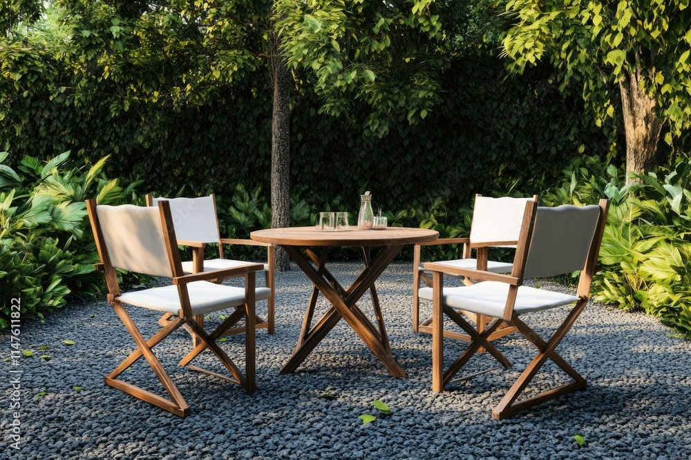 Outdoor garden with four director chairs and round table. Outdoor garden with four director chairs and round table.