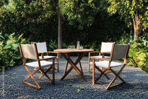 Outdoor garden with four director chairs and round table.