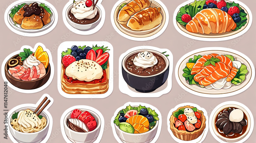 Detailed illustration of rice, beef, salad, egg, shrimp, and soup arranged on a plate and bowl in a colorful design Detailed illustration of rice, beef, salad, egg, shrimp, and soup arranged on a plate and bowl in a colorful design