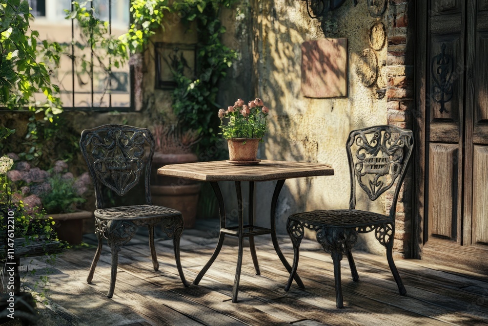 Fototapeta premium Garden furniture iron chairs table wood mat plank floor.