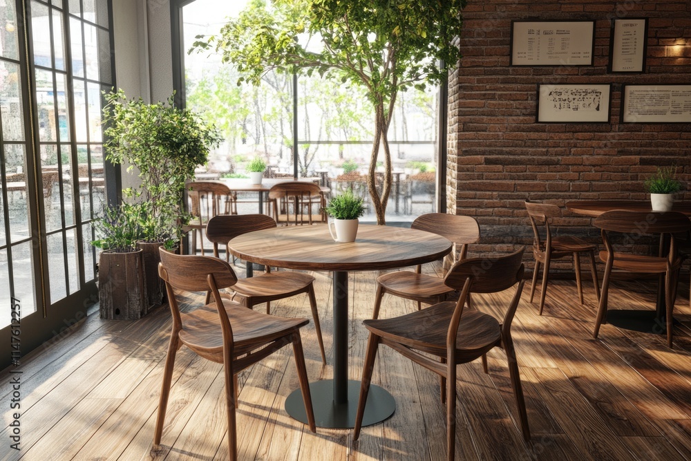 Fototapeta premium leisure corner with wood chairs and table on wooden floor in coffee shop