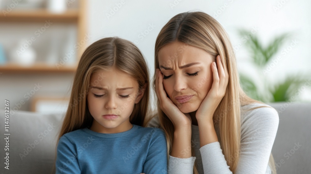 Emotional bond between mother and daughter facing tough times, expressing sadness and concern together in living room Emotional bond between mother and daughter facing tough times, expressing sadness and concern together in living room