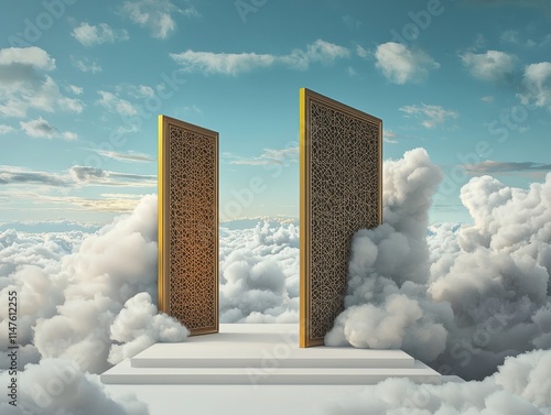 A surreal doorway in the clouds symbolizing new beginnings. photo