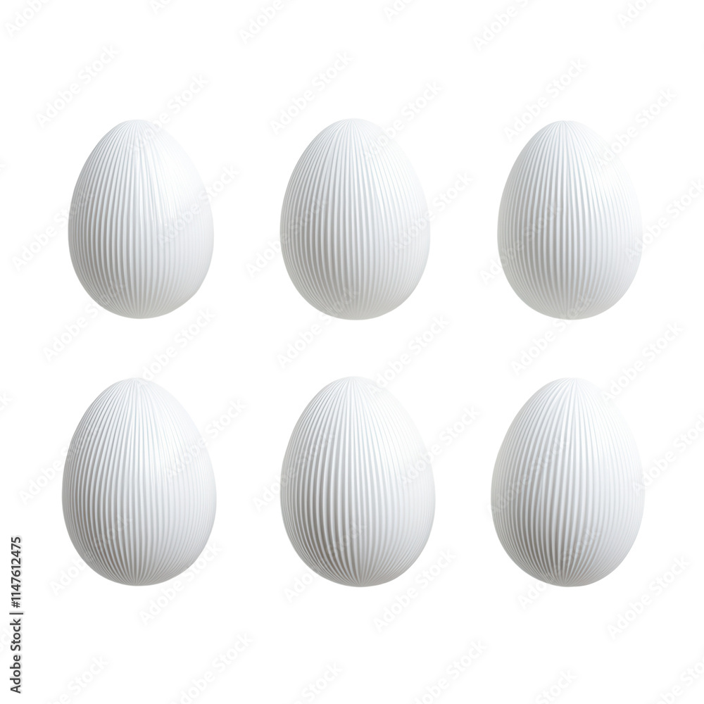 Fototapeta premium Six white eggs arranged in two rows, featuring a textured surface with ribbed details.