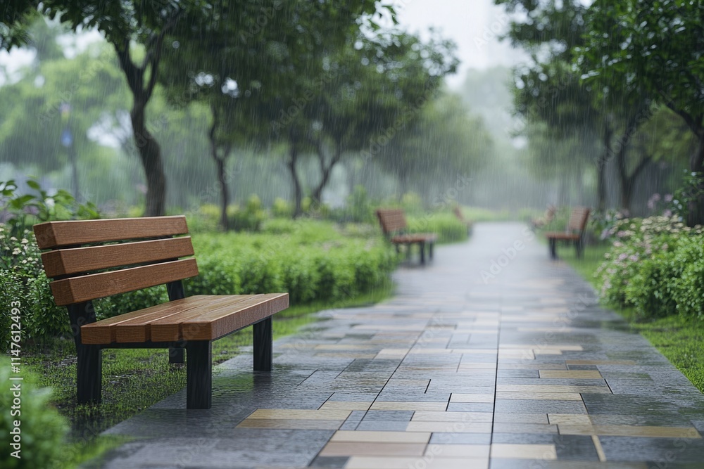 Wooden benches in city park on rainy day. Wooden benches in city park on rainy day.