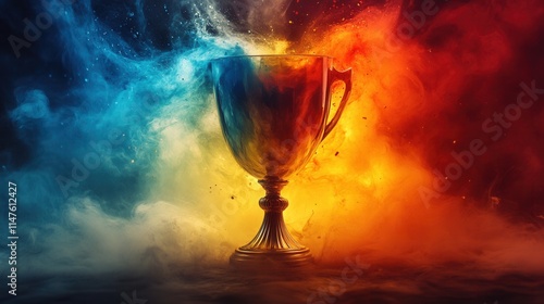 A vibrant trophy surrounded by colorful smoke, symbolizing victory and achievement in a competitive setting.