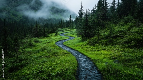 A winding trail through lush green forest in misty mountains. photo