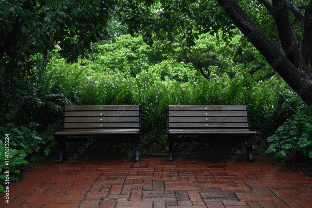 Damp chair wooden benches fern garden empty resting benches Damp chair wooden benches fern garden empty resting benches