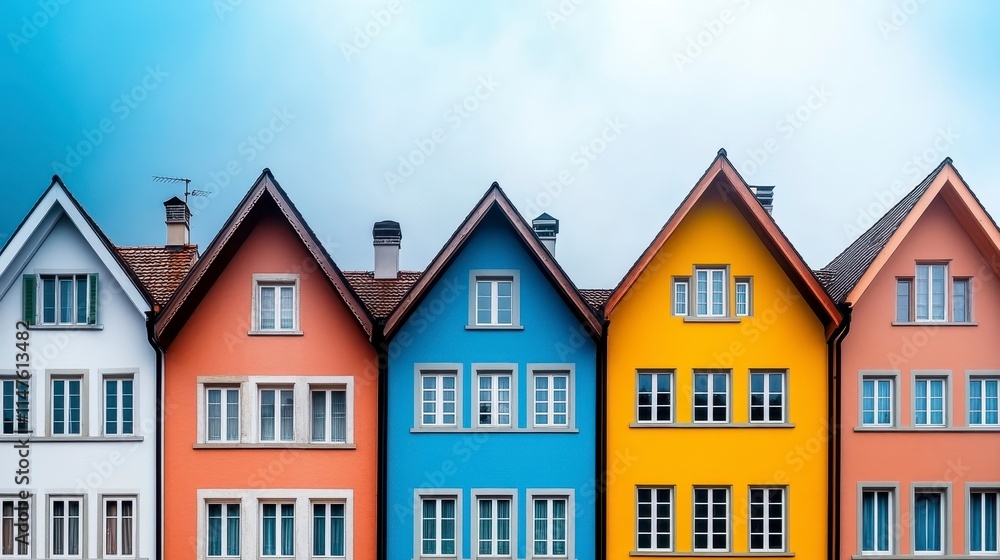 A row of colorful houses with distinct roofs against a cloudy sky, showcasing a charming architectural style. A row of colorful houses with distinct roofs against a cloudy sky, showcasing a charming architectural style.