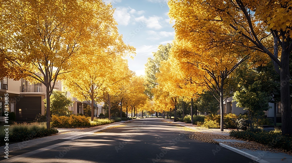 A street corner in an urban area with newly planted trees, their leaves turning golden in the autumn. The trees are strategically placed to provide shade and beauty to the neighborhood. A street corner in an urban area with newly planted trees, their leaves turning golden in the autumn. The trees are strategically placed to provide shade and beauty to the neighborhood.