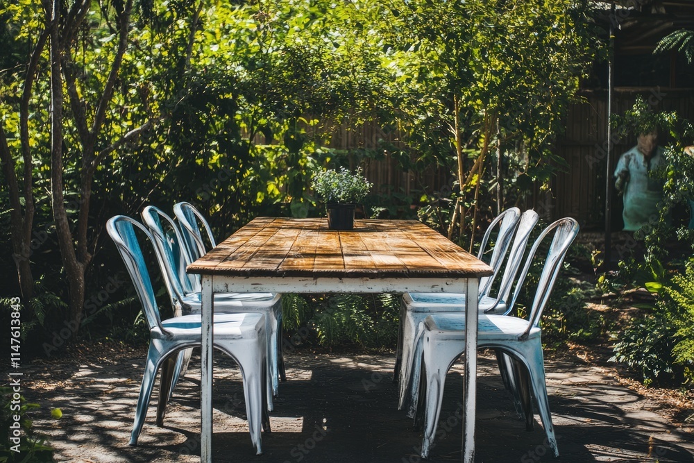 white Metal Table wooden table face With 6 Chairs Outdoor In The Home Garden white Metal Table wooden table face With 6 Chairs Outdoor In The Home Garden