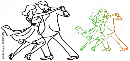Salsa couple dancing continuous one line drawing. Latin ballroom dance, isolated on white background