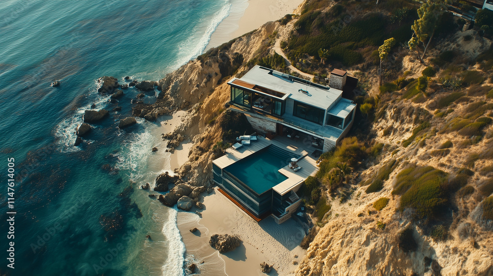 Drone view of a luxurious beachfront property with a pool and stunning ocean views. Drone view of a luxurious beachfront property with a pool and stunning ocean views.