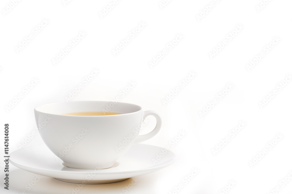 White porcelain tea cup with saucer on a white background, copy space. White porcelain tea cup with saucer on a white background, copy space.