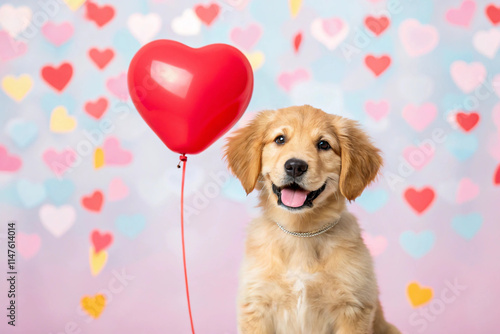 Valentine s Day concept with a cute puppy dog holding a love heart balloon. Generative AI. Valentine s Day concept with a cute puppy dog holding a love heart balloon on a colored background. photo