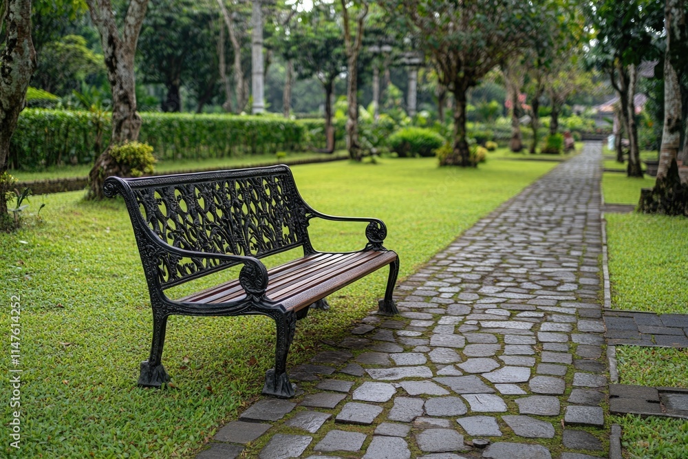 Fototapeta premium Iron and wood garden benches in rural Yogyakarta Indonesia.