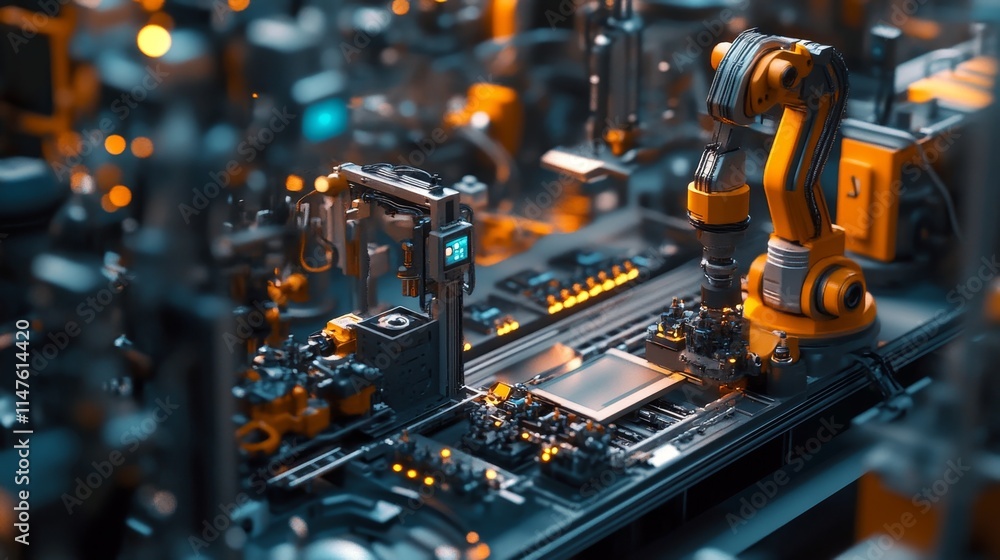 Innovative robotics assembly line high-tech factory digital art futuristic environment close-up view automation concept Innovative robotics assembly line high-tech factory digital art futuristic environment close-up view automation concept