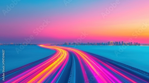 Vibrant Sunset Over Smooth Road with Light Trails in Urban Landscape