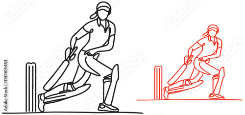 single line art women cricket player vector