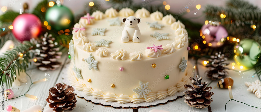 Fototapeta premium A charming Christmas cake decorated with fondant polar bears, delicate snowflakes, and soft white frosting, embodying a winter wonderland theme.