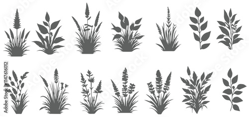 silhouette Wild Flower Grass Design Vector Set. A diverse collection of wild flower grass designs vector