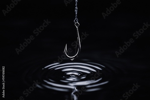 A fishing hook suspended above rippling water.