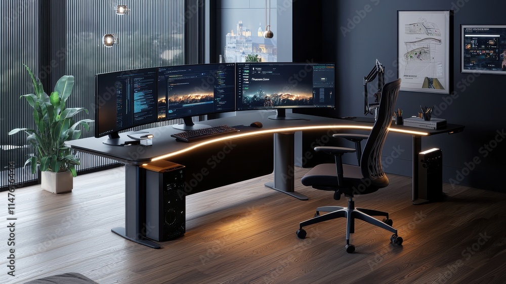 Modern workspace with multiple screens and sleek design. Modern workspace with multiple screens and sleek design.
