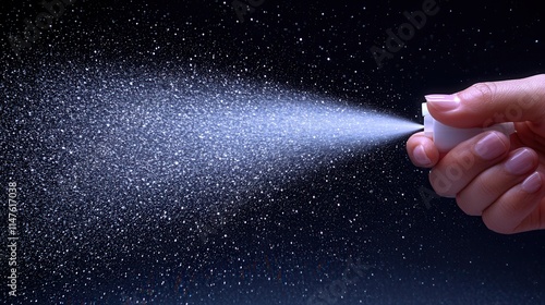 A hand spraying a fine mist, demonstrating the dispersal of liquid into tiny droplets. photo