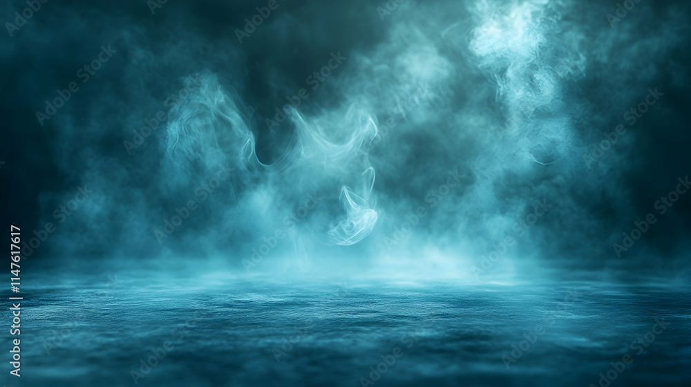 Dark blue smoky background with floor reflection. Dark blue smoky background with floor reflection.