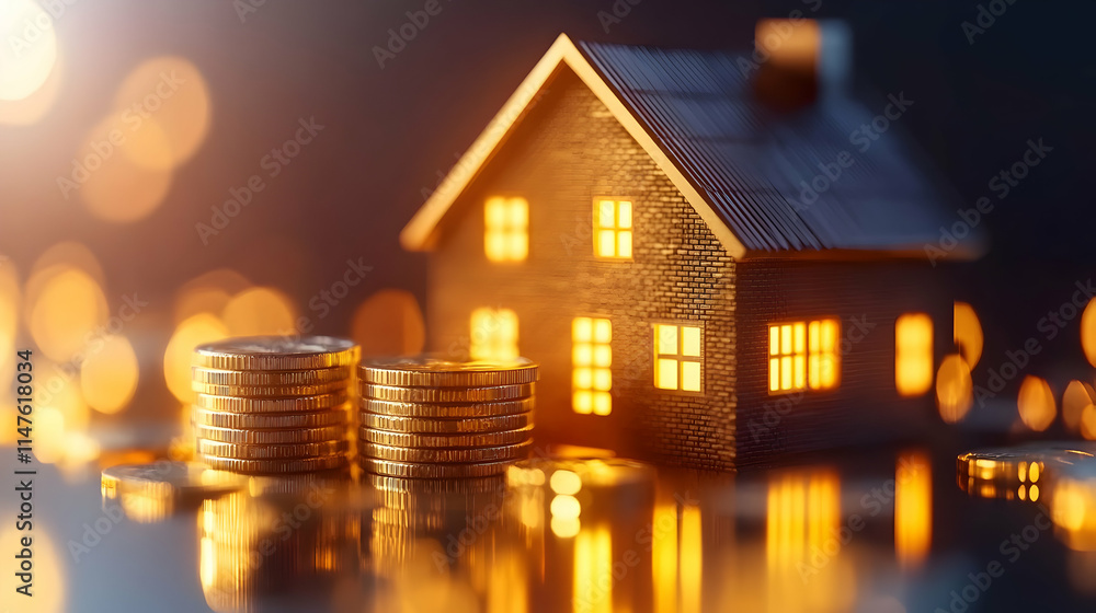Illuminated house model with coin stacks, reflecting on dark surface. Illuminated house model with coin stacks, reflecting on dark surface.