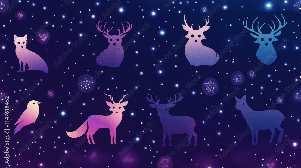 Fototapeta premium Whimsical animal silhouettes night sky digital art fantasy aesthetic colorful atmosphere