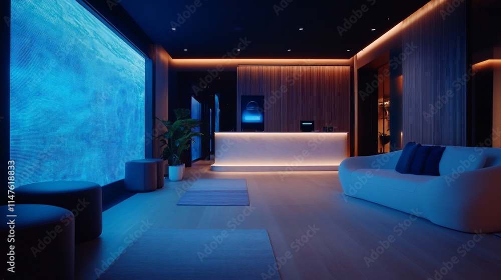 Modern spa reception area with blue water wall, wooden accents, and comfortable seating. Modern spa reception area with blue water wall, wooden accents, and comfortable seating.
