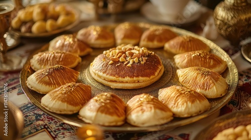 Wallpaper Mural Saudi Qatayef pancakes, stuffed with sweet cream and nuts, arranged on a decorated table  Torontodigital.ca