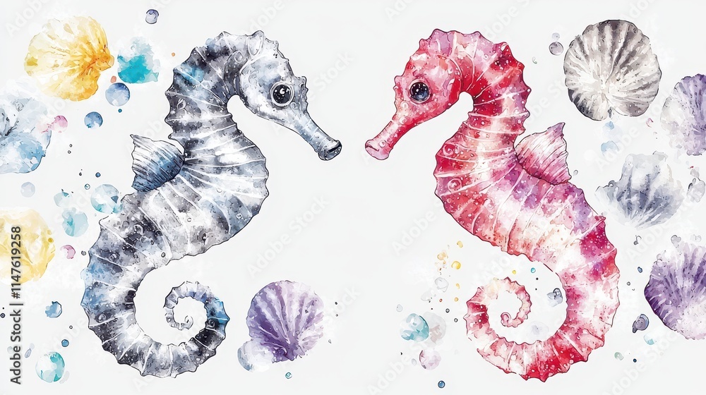 Fototapeta premium Colorful Watercolor Seahorses with Shells on a Soft Background Perfect for Aquatic Themes