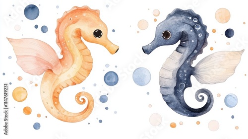 Playful Watercolor Seahorses in Orange and Blue with Bubbles and Soft Background Elements photo