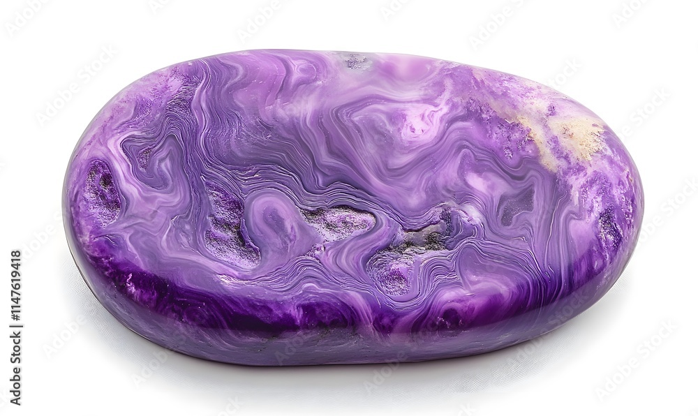 Polished purple charoite stone with swirling patterns on white backdrop. Polished purple charoite stone with swirling patterns on white backdrop.