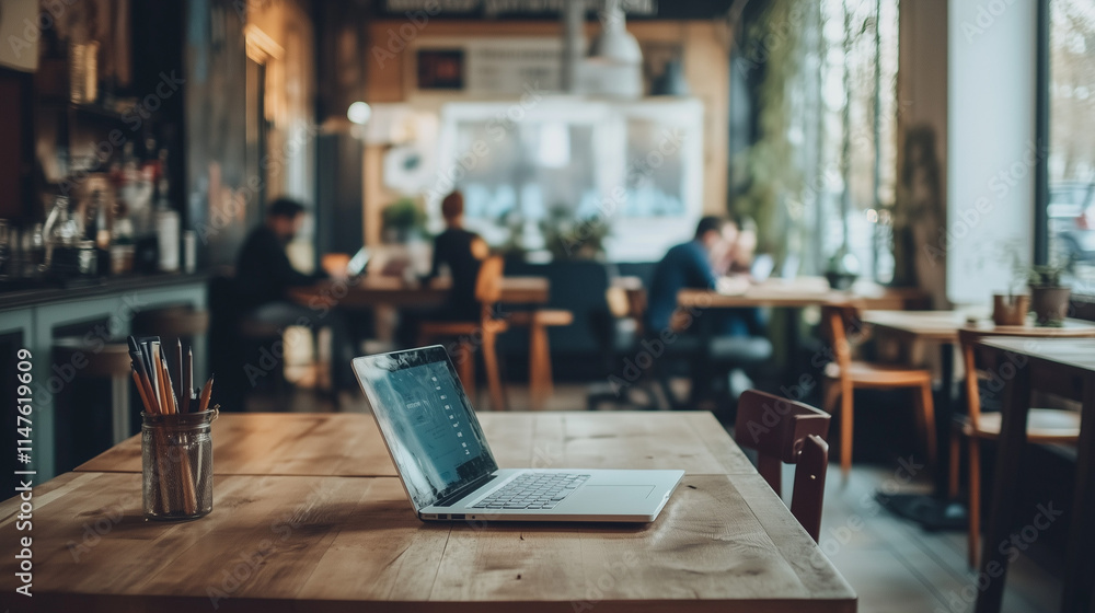Modern coworking space filled with professionals and laptops Modern coworking space filled with professionals and laptops