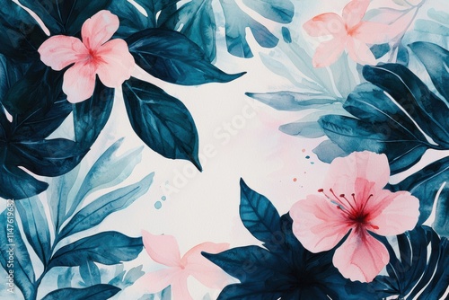 Vibrant Floral Background with Tropical Leaves and Pink Flowers