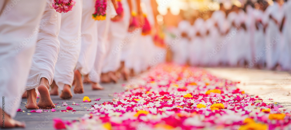 Fototapeta premium Devotees walking barefoot on vibrant festival grounds with flowers