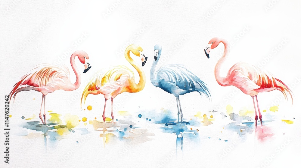 Obraz premium Vibrant Watercolor Flamingos Standing Gracefully in a Serene Aquatic Landscape
