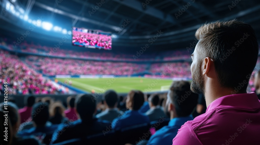 Enthralled Spectator Watching Live Soccer Match in Modern Stadium Full of Energetic Fans in Pink Attire Enthralled Spectator Watching Live Soccer Match in Modern Stadium Full of Energetic Fans in Pink Attire