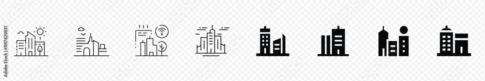 Obraz premium Buildings line icons. Bank, Hotel, Courthouse. City, Real estate, Building icon set in line black flat house, office, bank, school, hotel, shop, university, city, real estate and hospital symbol.