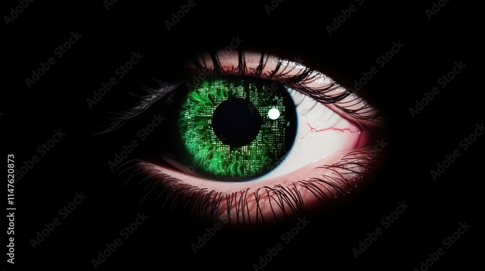 Striking close-up of a vibrant green eye against a dark backdrop, showcasing spyware eye Striking close-up of a vibrant green eye against a dark backdrop, showcasing spyware eye