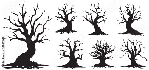 Trees without leaves, hand drawing silhouette. Trunks and branches of different types of trees, vector illustration