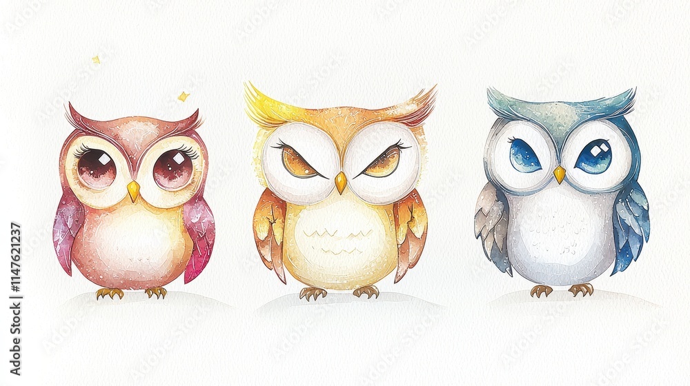 Fototapeta premium Cute Colorful Cartoon Owls with Big Eyes and Unique Expressions for Children’s Artwork