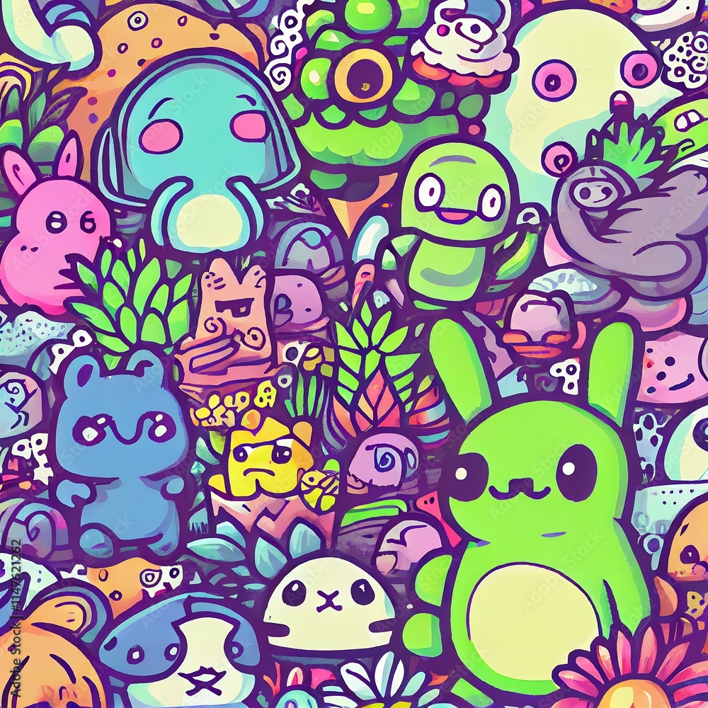 Colorful cartoon creatures and plants in a whimsical, dense illustration. Colorful cartoon creatures and plants in a whimsical, dense illustration.