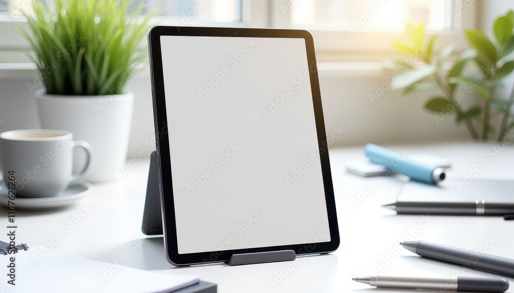 Fototapeta premium A tablet with a blank screen is placed on a stand on a white desk. The desk also has a cup of coffee, a notebook, pens, and potted plants, suggesting a clean and organized workspace