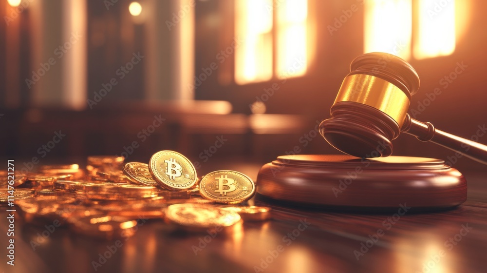 Golden Gavel on Bitcoin Coins in a Courtroom Setting Golden Gavel on Bitcoin Coins in a Courtroom Setting