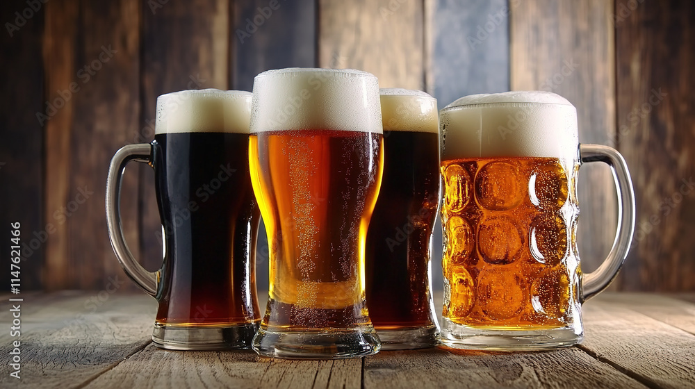 Four glassed of beer on wooden background Four glassed of beer on wooden background
