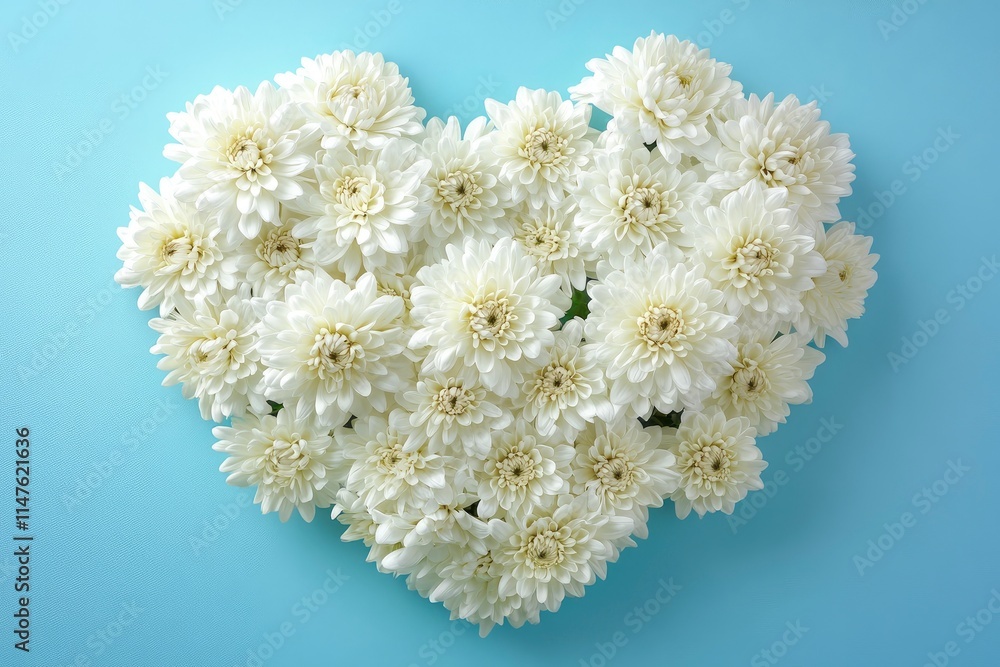 Sophisticated Mother's Day scene from top view, displaying fresh blooming chrysanthemums within a heart-shaped frame on a soft blue background, space for custom messages Sophisticated Mother's Day scene from top view, displaying fresh blooming chrysanthemums within a heart-shaped frame on a soft blue background, space for custom messages